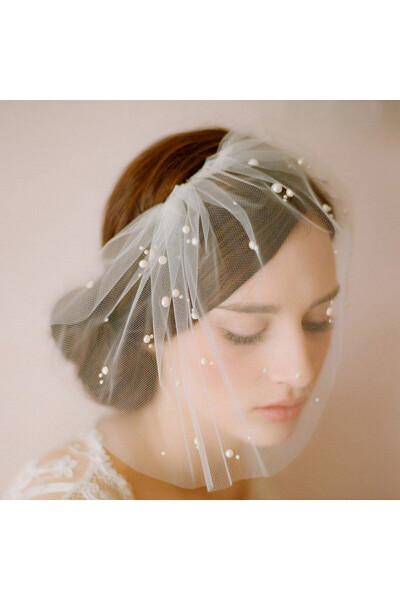 Pearl Half Veil Bridal Cap Half - 1