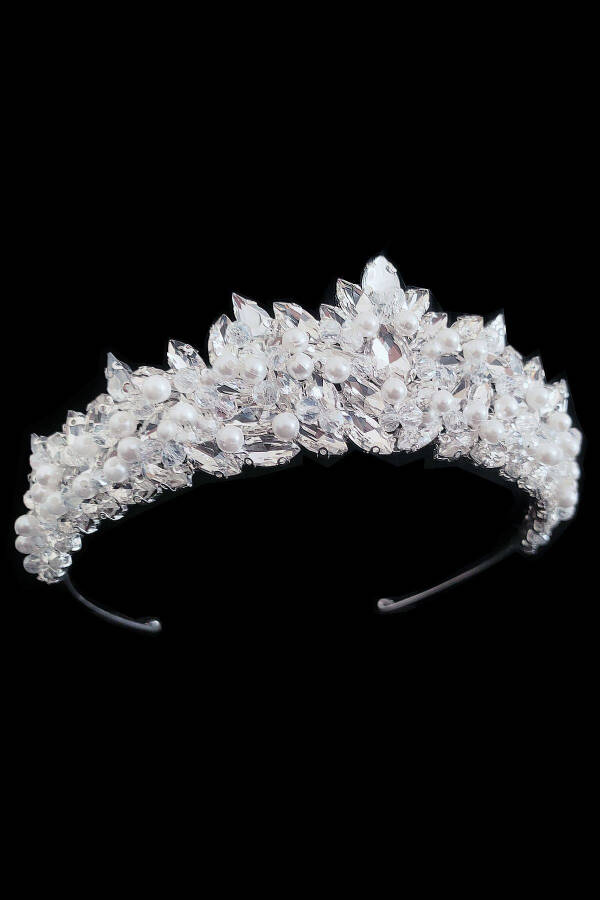 Pearl Luxury Bridal Crown Handmade with Pearl and Crystal Beads Princess Model Crown - 3