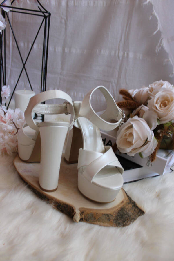 Pearl White Ankle Strap Open Toe Chunky Heel Platform Bridal Shoes - 6