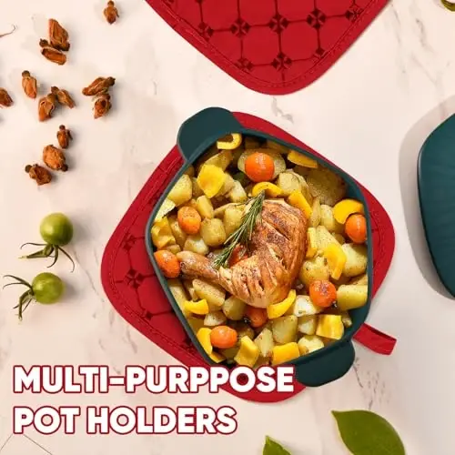 Pech qo'lqoplari Oshxona sochiqlari Idish yuvish latta Pech tutqichli to'plamlar 12 dona, Oshxona sochiqlari to'plami, Pech qo'lqoplari Qozon tagliklari Issiqlikka chidamli 500 daraja Sirpanishga qarshi silikon yuzali pishirish uchun qizil - 5