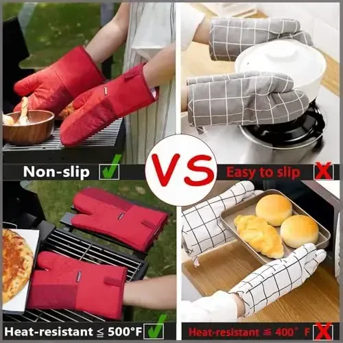 Oven Mitts and Pot Holders Sets 6pcs, Kitchen Oven Glove,High Heat Resistant 550 Degree Extra Long Oven Mitts and Potholders with Non-Slip Silicone Surface for Home Essentials (Grey) (Passion Red) - 2