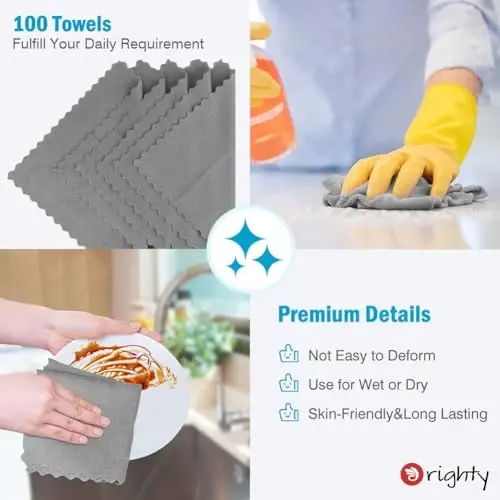 Orighty Grey Microfiber Cleaning Cloth, 100 Pack Highly Absorbent Cleaning Supplies, Lint Free Kitchen Towels Cleaning Rags, Microfiber Towels for Cars, House, Window, 12x12 inch - 5