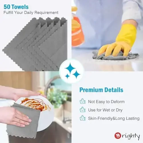 Orighty Grey Microfiber Cleaning Cloth, 50 Pack Highly Absorbent Cleaning Supplies, Lint Free Kitchen Towels Cleaning Rags, Microfiber Towels for Cars, House, Window, 12x12 inch - 5