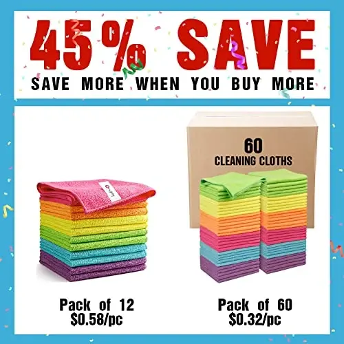Orighty Microfiber Cleaning Cloth Pack of 60, Microfiber Towels for Cars, Highly Absorbent Car Cleaning Supplies, Lint Free Cloths Clean Rags for Car Care, House, Kitchen, 12x12 inch - 2
