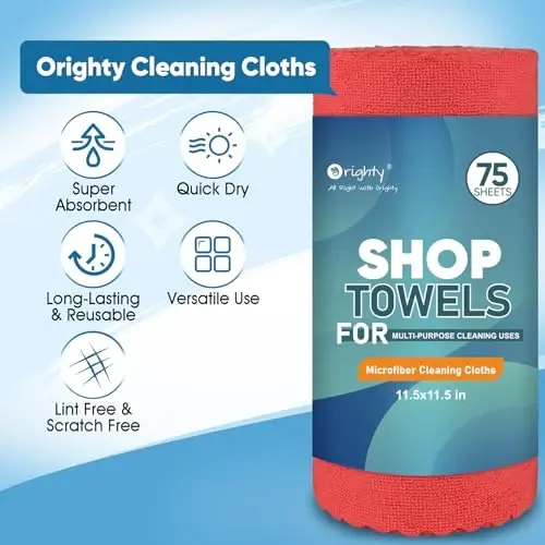 Orighty Microfiber Cleaning Cloths, 75 Sheets Shop Towels, Reusable Paper Towels Shop Rags, Washable Microfiber Towel Roll Cleaning Rags for Cars, House, Kitchen, 11.5’’ x 11.5’’, Red - 2