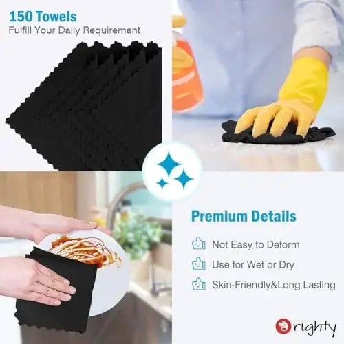 Orighty Black Microfiber Cleaning Cloth, 150 Pack Highly Absorbent Cleaning Supplies, Lint Free Kitchen Towels Cleaning Rags, Microfiber Towels for Cars, House, Window, 12x12 inch - 5