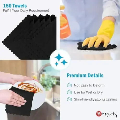 Orighty Black Microfiber Cleaning Cloth, 150 Pack Highly Absorbent Cleaning Supplies, Lint Free Kitchen Towels Cleaning Rags, Microfiber Towels for Cars, House, Window, 12x12 inch - 5
