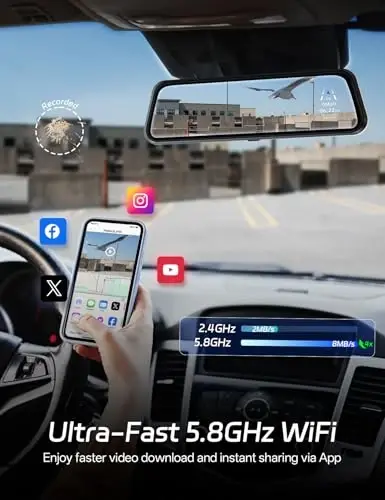 Pelsee P10 Plus 4K Rear View Mirror Camera with ADAS and BSD, 5.8GHz WiFi Mirror Dash Cam Front and Rear, Backup Camera for Car, GPS, 64GB Card Included, WDR Night Vision, Voice Control, 10” Display - 2