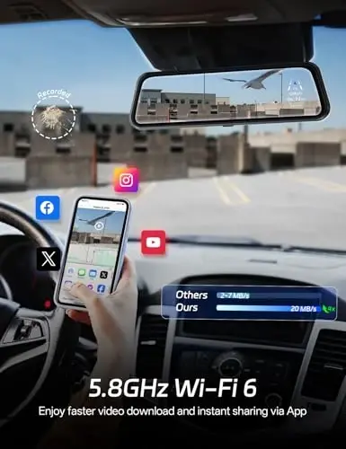 Pelsee P10 Plus 4K Rear View Mirror Camera with ADAS and BSD, 5.8GHz WiFi Mirror Dash Cam Front and Rear, Backup Camera for Car, GPS, 64GB Card Included, WDR Night Vision, Voice Control, 10” Display - 6