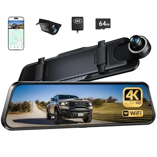 Pelsee P10 Plus ADAS va BSD bilan 4K orqa ko'rinish oynasi kamerasi, 5.8GHz WiFi oynali Dash Cam old va orqa, Mashina uchun zaxira kamerasi, GPS, 64GB karta ichida, WDR tungi ko'rish, ovozli boshqaruv, 10