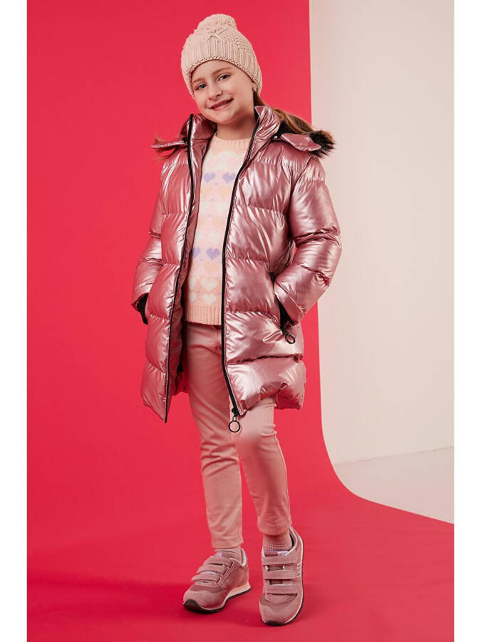 Pembe Peluş Astarlı Yakası Suni Kürklü Çıkarılabilir Kapüşonlu Kışlık Mont 5761908-Pembe - 1