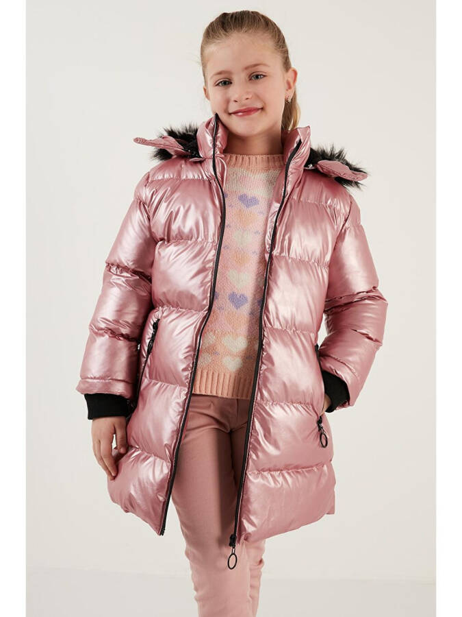 Pembe Peluş Astarlı Yakası Suni Kürklü Çıkarılabilir Kapüşonlu Kışlık Mont 5761908-Pembe - 4