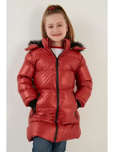 Kırmızı Peluş Astarlı Yakası Suni Kürklü Çıkarılabilir Kapüşonlu Kışlık Mont 5761908-Kırmızı - 3