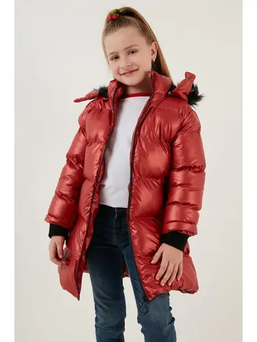 Peluş astarli yoqasi sunʼiy moʼynali echib olinadigan kapyushonli qishki kurtka 5761908-Qizil - LC WAIKIKI (1)