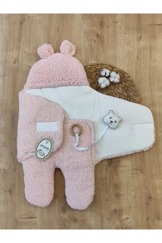 Welsoft Pelüş Bebek Kundak Battaniyesi Ayaklı Uyku Tulumu | Kışlık Kalın Mont | 0-12 Ay Yenidoğan-Pembe - 7