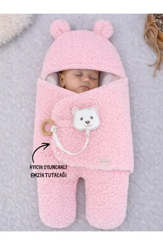 Welsoft Pelüş Bebek Kundak Battaniyesi Ayaklı Uyku Tulumu | Kışlık Kalın Mont | 0-12 Ay Yenidoğan-Pembe - TOMUYCUK (1)