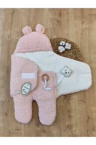 Welsoft Pelüş Bebek Kundak Battaniyesi Ayaklı Uyku Tulumu | Kışlık Kalın Mont | 0-12 Ay Yenidoğan-Pembe - 7
