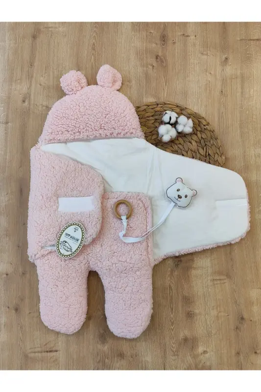 Welsoft Pelüş Bebek Kundak Battaniyesi Ayaklı Uyku Tulumu | Kışlık Kalın Mont | 0-12 Ay Yenidoğan-Pembe - 7
