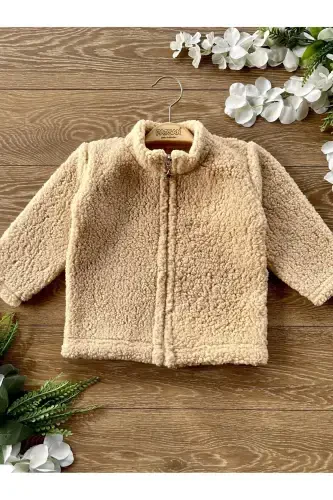 Peluş fermuarli bolalar kardigan tik yoqali qahva-ochiq qahva - 3