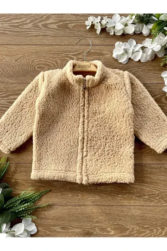 Peluş fermuarli bolalar kardigan tik yoqali qahva-ochiq qahva - 3