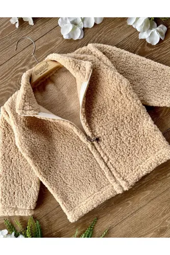Peluş Fermuarlı Çocuk Hırka Dik Yaka Kahve - açık kahve - PATSAN (1)