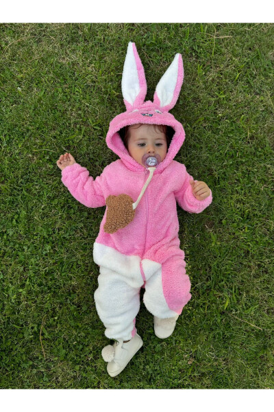 Peluş Fermuarlı Kışlık Tavşan Kız Bebek Uyku Tulumu - pembe-beyaz 