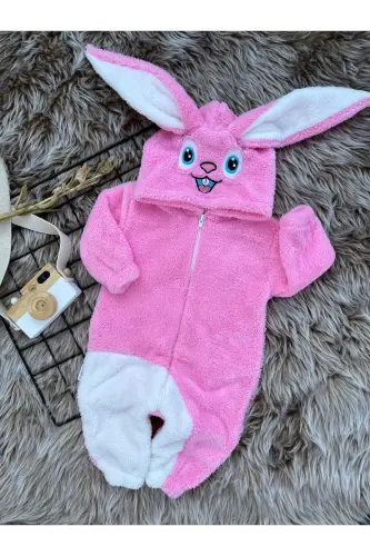 Peluş Fermuarlı Kışlık Tavşan Kız Bebek Uyku Tulumu - pembe-beyaz - MINIZADE (1)