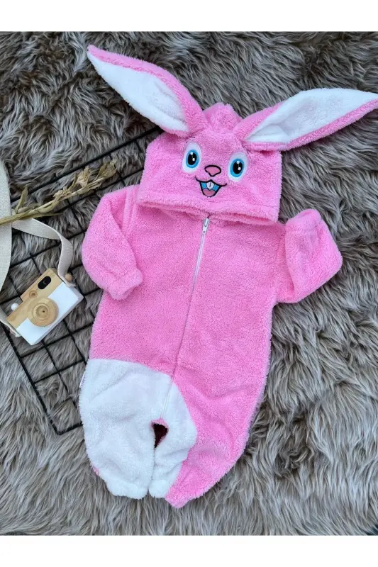 Peluş Fermuarlı Kışlık Tavşan Kız Bebek Uyku Tulumu - pembe-beyaz - 2