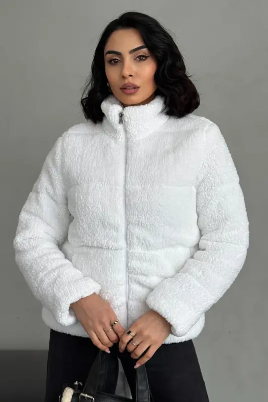 Peluş kabartma teddy shishirma mont ekru oq-ekru oq - 2