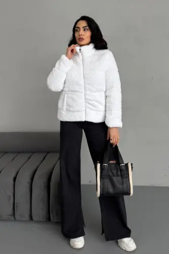 Peluş kabartma teddy shishirma mont ekru oq-ekru oq - 4