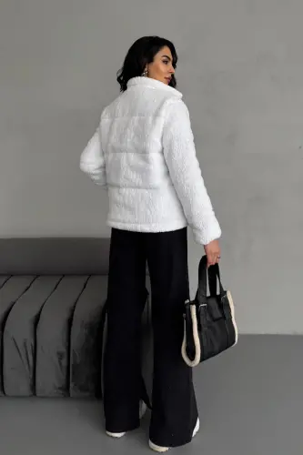 Peluş kabartma teddy shishirma mont ekru oq-ekru oq - 5