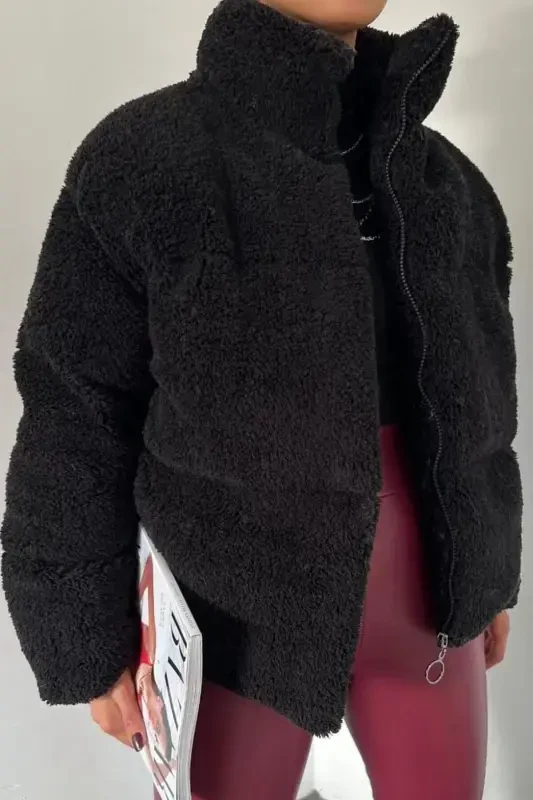 Peluş kabartma teddy shishirma mont - Qora-Qora - 1