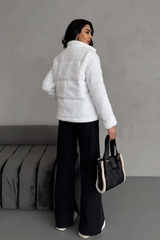 Peluş kabartma teddy şişme mont ekru beyaz-ekru beyaz - 5