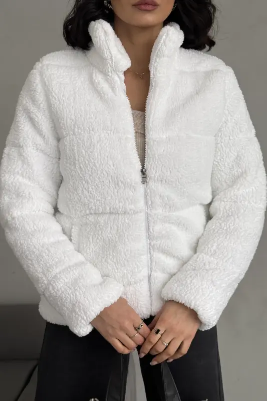 Peluş kabartma teddy şişme mont ekru beyaz-ekru beyaz - 6