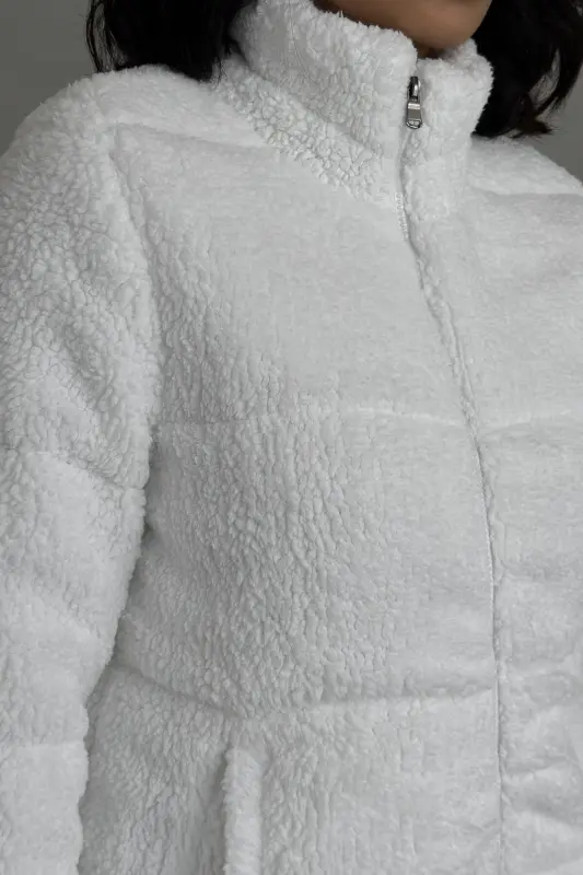 Peluş kabartma teddy şişme mont ekru beyaz-ekru beyaz - 7