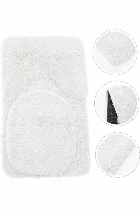 Peluş Kaymaz Yıkanabilir Banyo Paspası Klozet Takımı 3'Lü 50x80/50x60/40x45(klozt kapağı)-Beyaz - 2