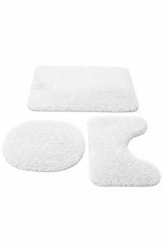 Peluş Kaymaz Yıkanabilir Banyo Paspası Klozet Takımı 3'Lü 50x80/50x60/40x45(klozt kapağı)-Beyaz - SARAR