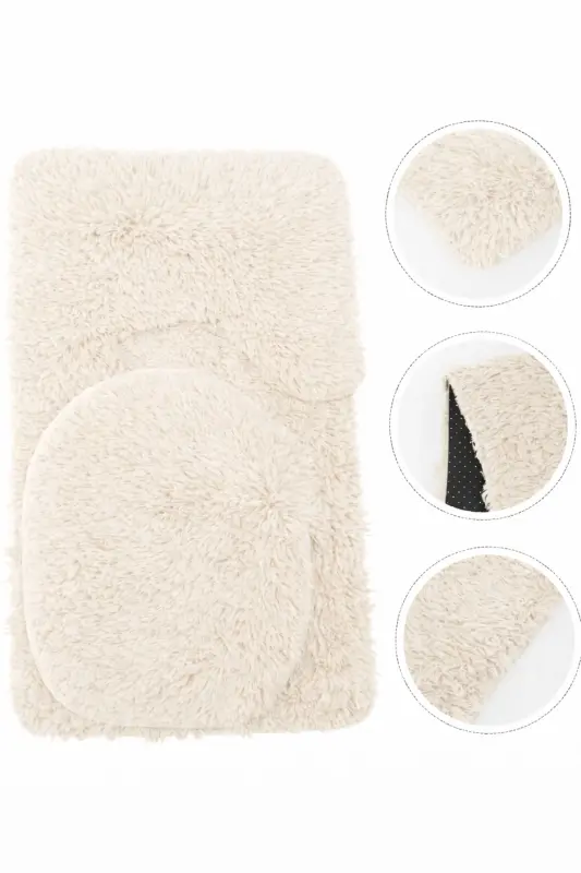 Peluş Kaymaz Yıkanabilir Banyo Paspası Klozet Takımı 3'Lü 50x80/50x60/40x45(klozt kapağı)-Ekru - 2
