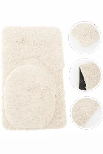 Peluş Kaymaz Yıkanabilir Banyo Paspası Klozet Takımı 3'Lü 50x80/50x60/40x45(klozt kapağı)-Ekru - SARAR (1)