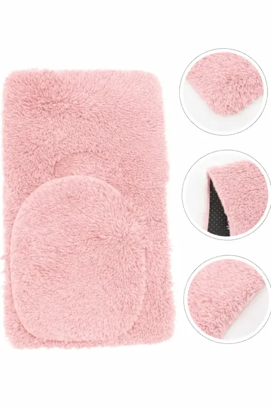 Peluş Kaymaz Yıkanabilir Banyo Paspası Klozet Takımı 3'Lü 50x80/50x60/40x45(klozt kapağı)-Pudra - 2