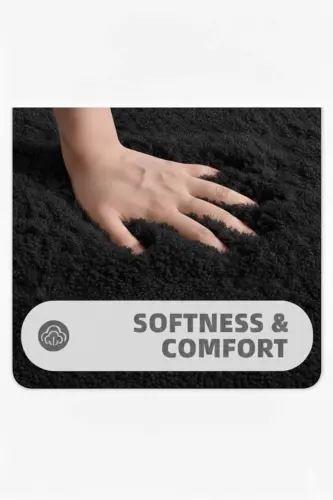 Peluş Kaymaz Yıkanabilir Banyo Paspası Klozet Takımı 3'Lü 50x80/50x60/40x45(klozt kapağı)-Siyah - 3