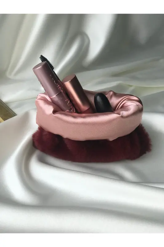 Peluş Makyaj Çantası Küçük Çanta Boy-Bordo - 1