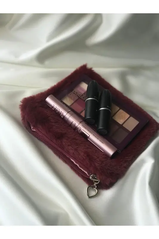 Peluş Makyaj Çantası Küçük Çanta Boy-Bordo - 3