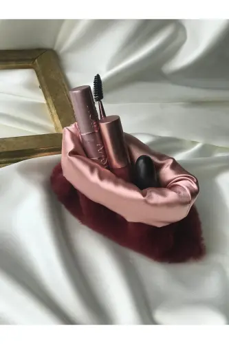 Peluş Makyaj Çantası Küçük Çanta Boy-Bordo - 4