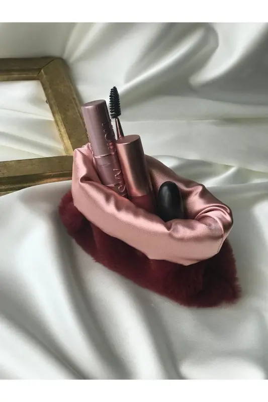 Peluş Makyaj Çantası Küçük Çanta Boy-Bordo - 4