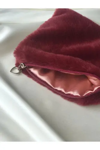 Peluş Makyaj Çantası Küçük Çanta Boy-Bordo - 5