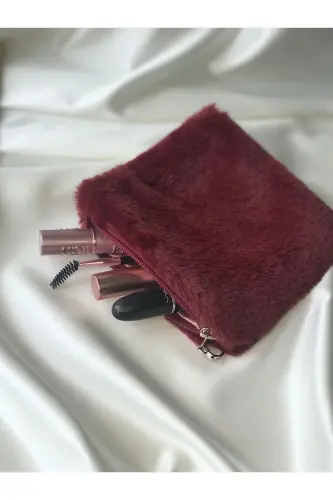 Peluş Makyaj Çantası Küçük Çanta Boy-Bordo - MELSEA (1)