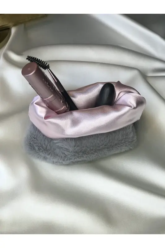 Peluş Makyaj Çantası Küçük Çanta Boy - Gri-Pembe - 1