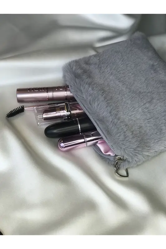 Peluş Makyaj Çantası Küçük Çanta Boy - Gri-Pembe - 2