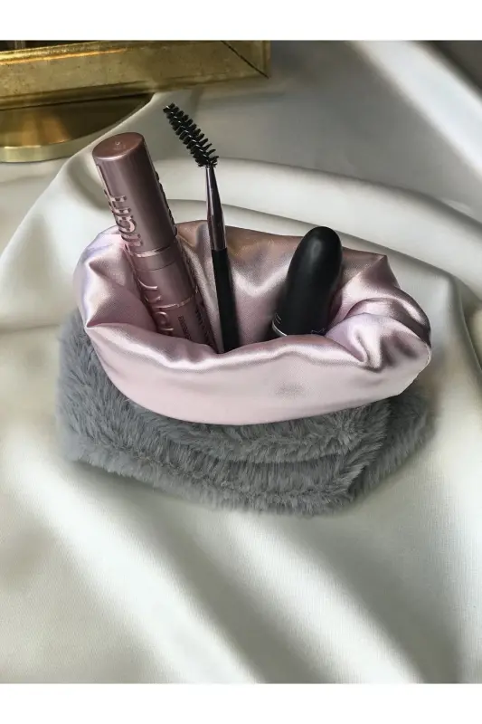 Peluş Makyaj Çantası Küçük Çanta Boy - Gri-Pembe - 3